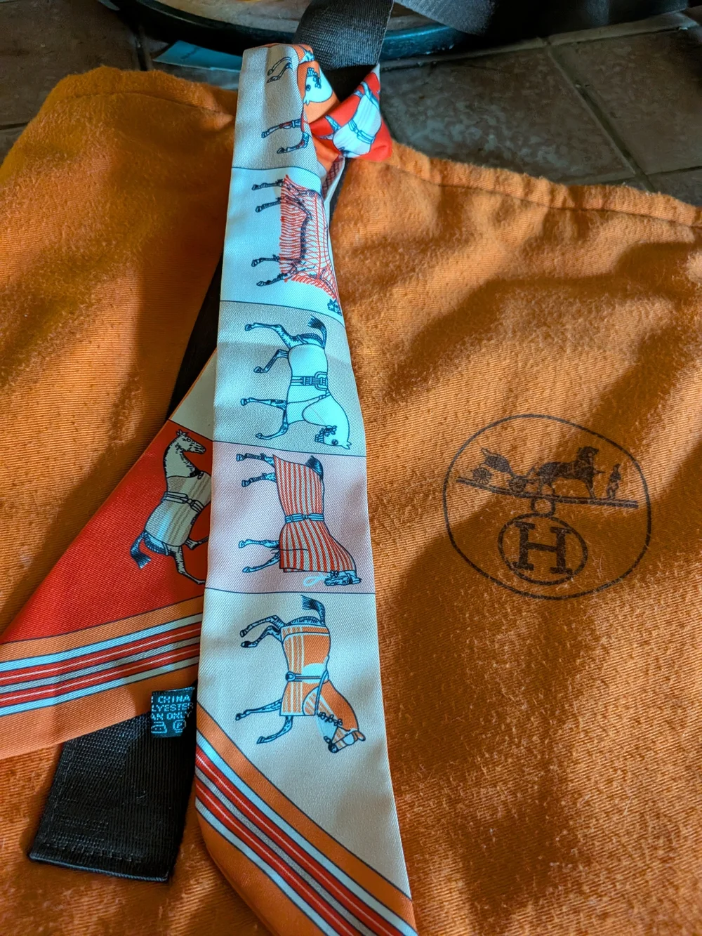 Orange Hermes Repurposed DustbagTote with Scarf Accent